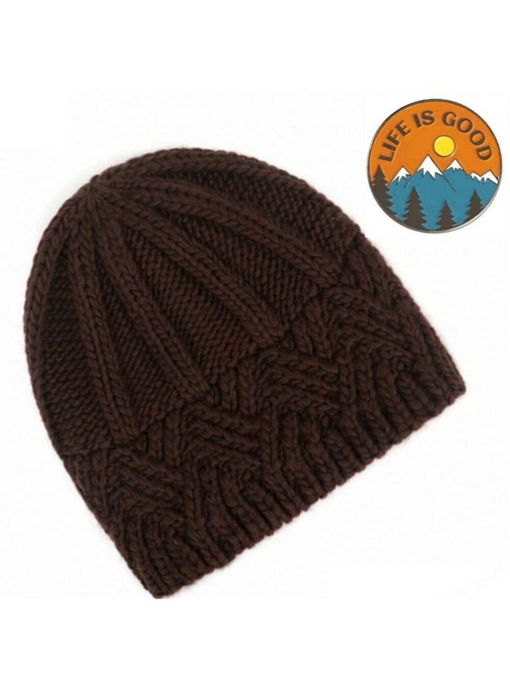 Whitney Brown Crochet Knit Beanie and Mountain Pin Set Gift Packaged